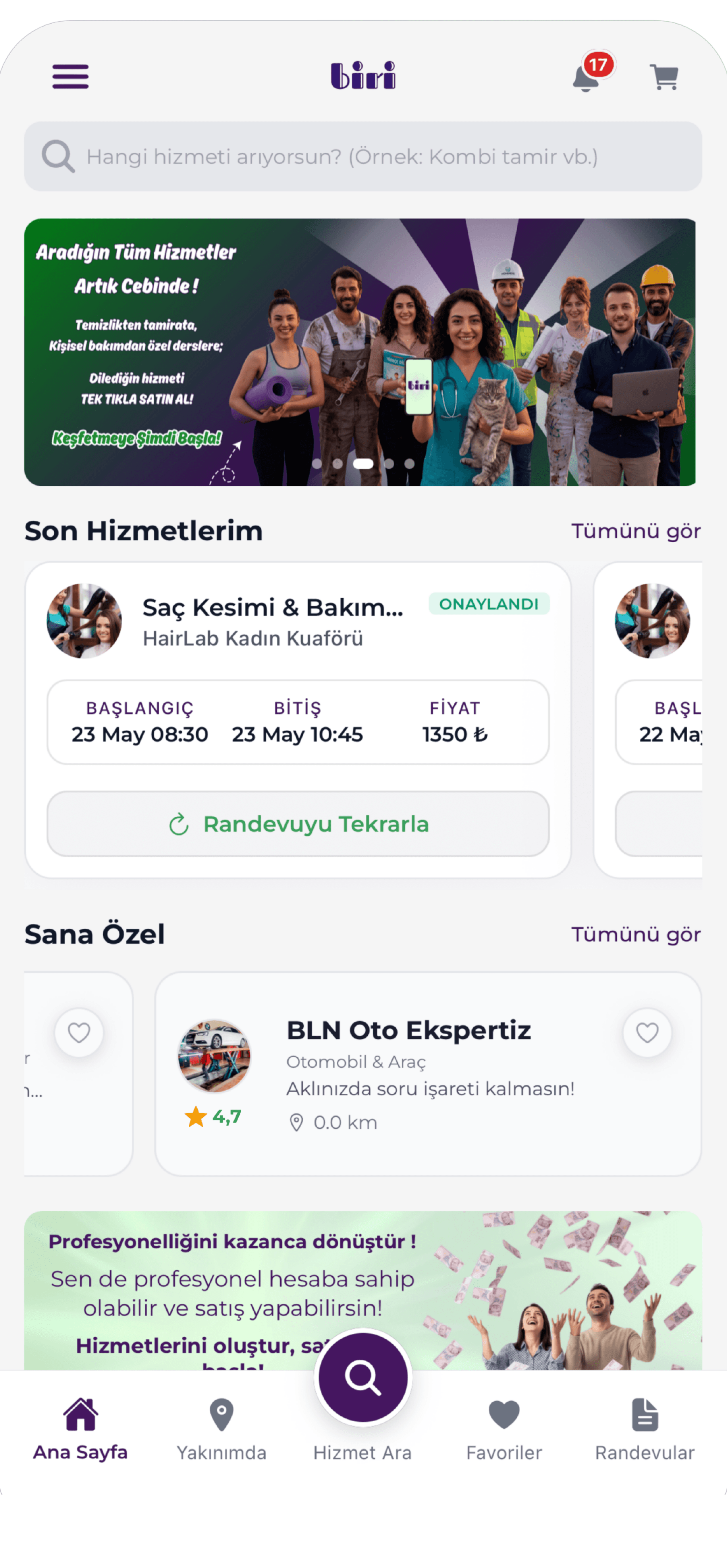 biri hizmet pazaryeri: Dilediğin Satıcıyı ve Hizmeti Seç mobil uygulama ekranı